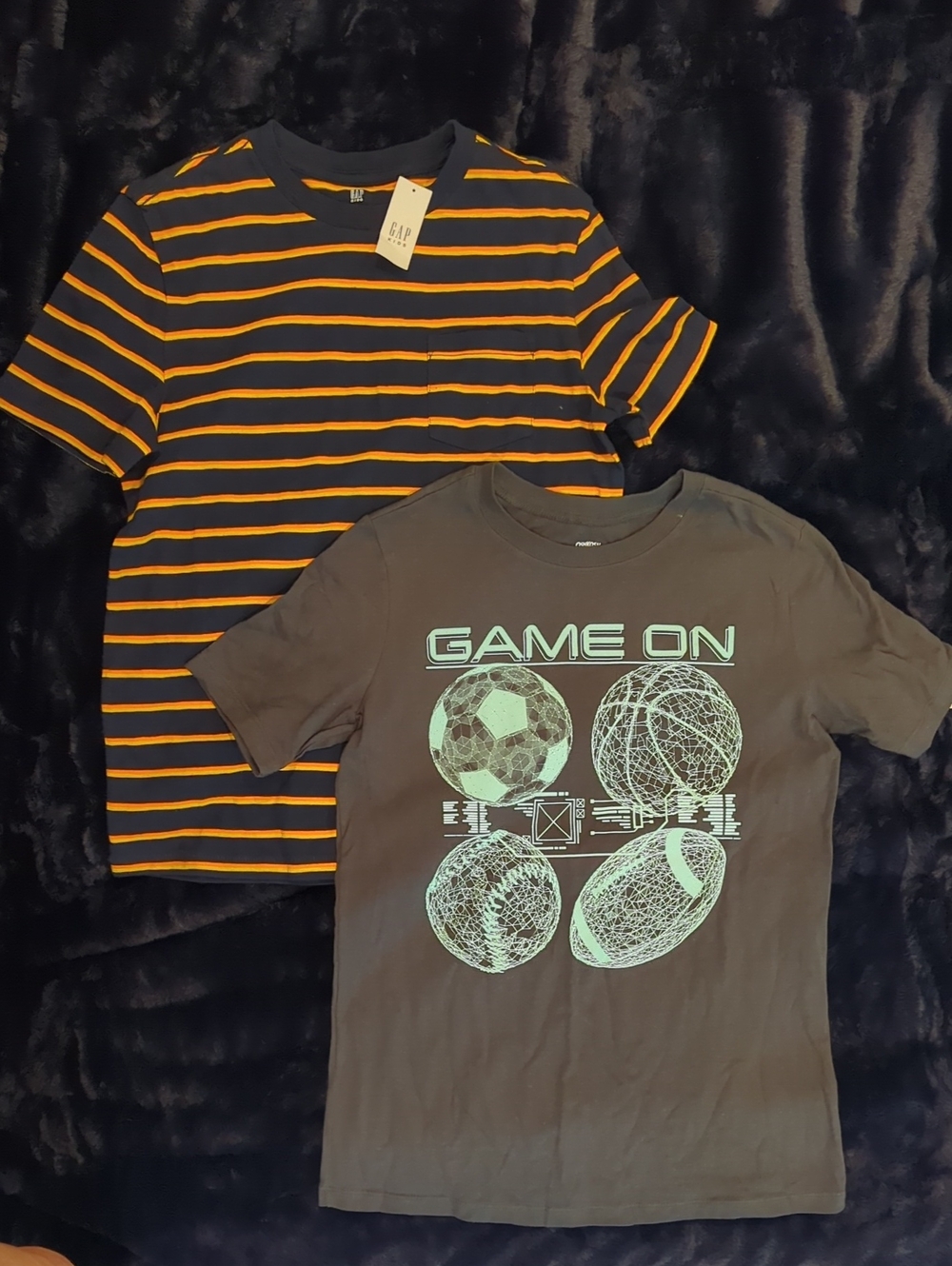 GAP Boy Navy & Orange Striped (NWT- YL)AND OshKosh Game On (NWOT-12) T-shirts.